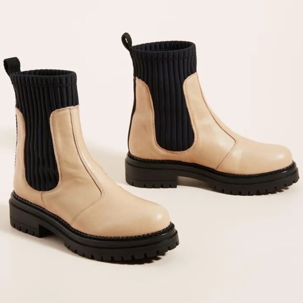 Anthropologie Cream Knit Chelsea Boots Size 9